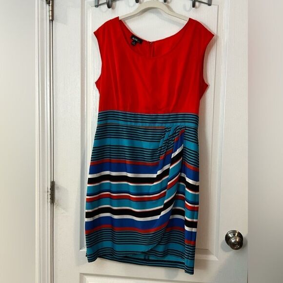 Alyx Faux Wrap Dress striped women’s size 14 EUC orange blue white - Picture 1 of 15